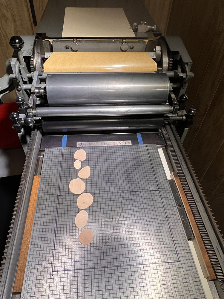 Wood veneer on Vandercook printing press