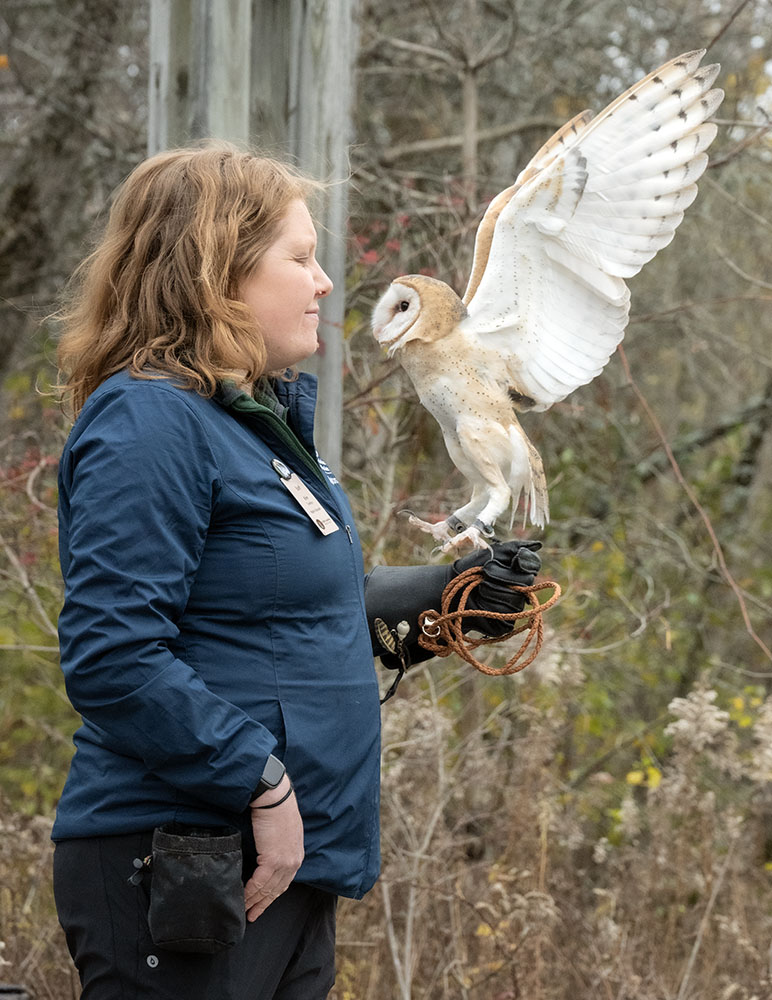 Erin with Athena, a barn owl, during the presentation. Although common elsewhere, barn owls are extremely rare in Wisconsin.