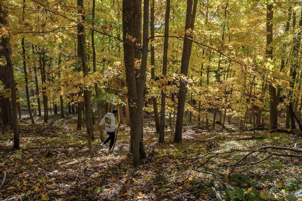 Skipping down a steep incline on the Holy Hill Segment of the Ice Age Trail in Washington County.