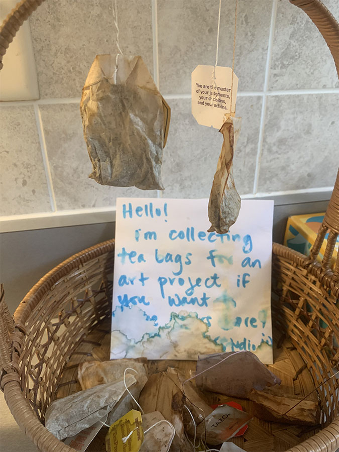 Collecting tea bags at the studio.