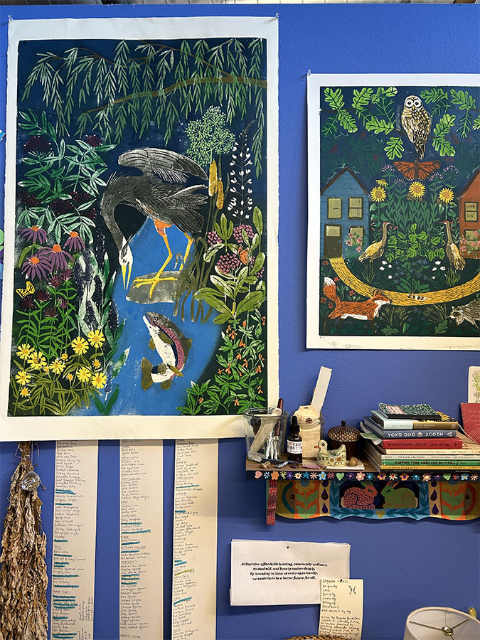 Recent woodblock prints and on-going list of species seen at Schoofs.