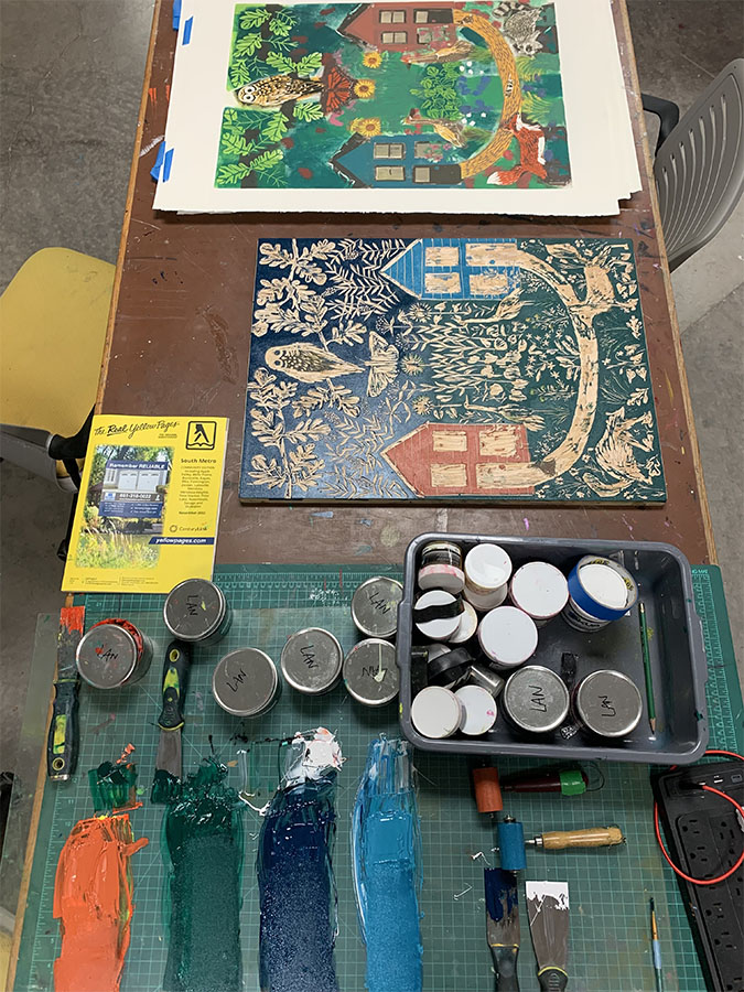 Reductive woodblock print in progress.