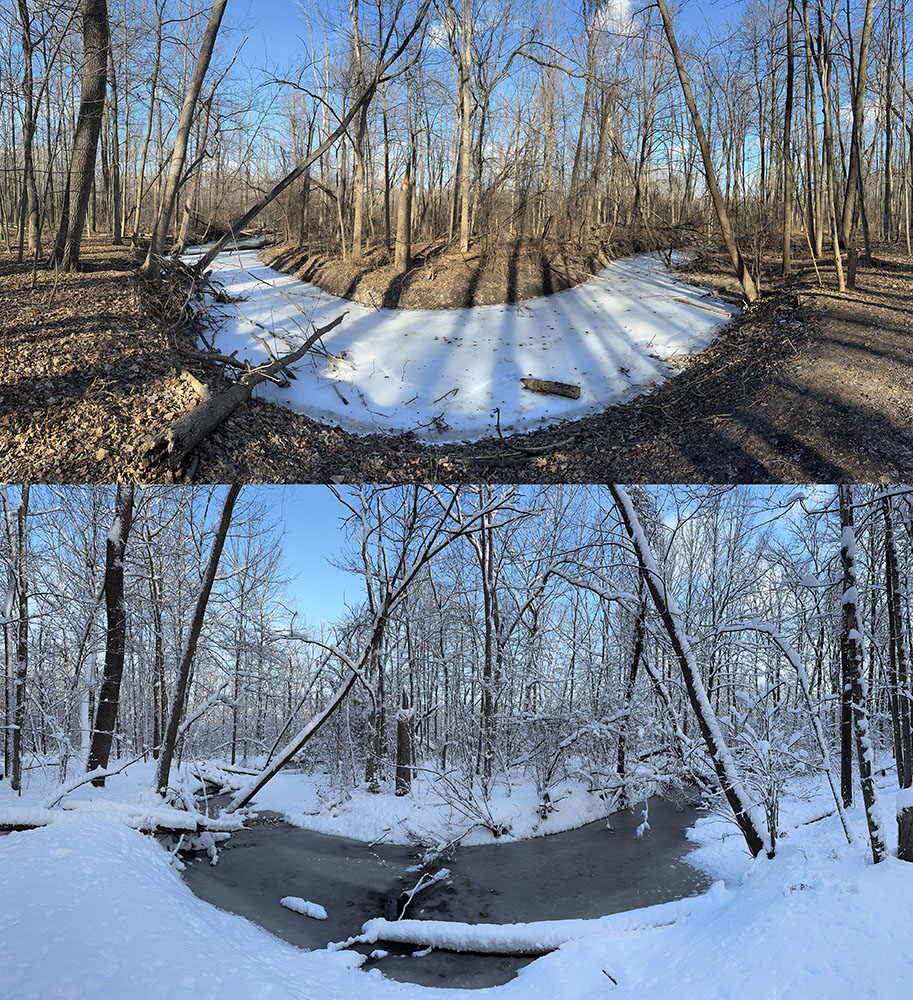 Ending on a whimsical note: I shot the top version of this enigmatic natural "smile" at Stigler Nature Preserve in New Berlin last January--when, if you recall, it hadn't snowed at all yet. I went back for the snowy version after the November blizzard.