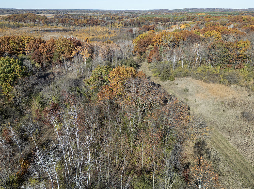 The track on the right side of this aerial view is the exception to the largely trackless Lulu Lake State Natural Area, which also straddles one of the most pristine watersheds in Wisconsin.