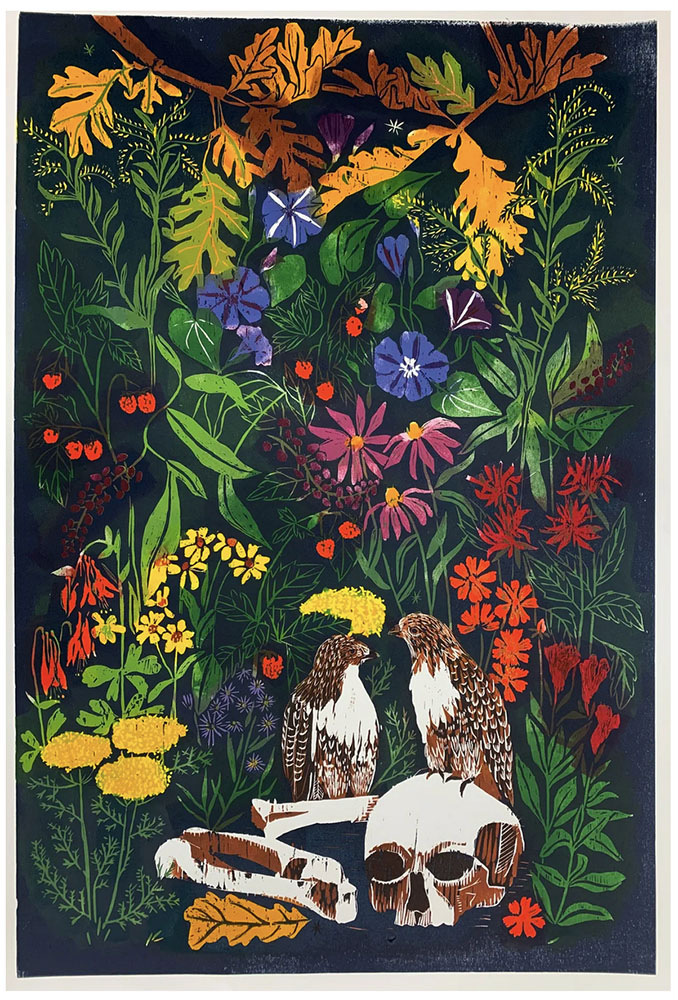 The Apocalypse Is Blossoming, reductive woodblock print,  24” x 36”. 