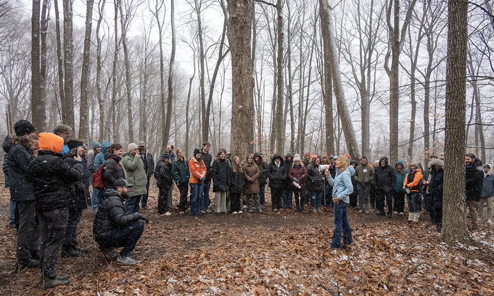 State Senator Jodi Habush-Sinikyn, an ardent supporter of the Knowles-Nelson Stewardship Fund, addresses the crowd as the snow continues to fall.