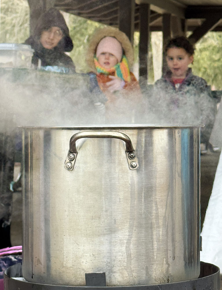 Participants observe as the guide explains that 40 gallons of sap must be boiled down to get 1 gallon of syrup.