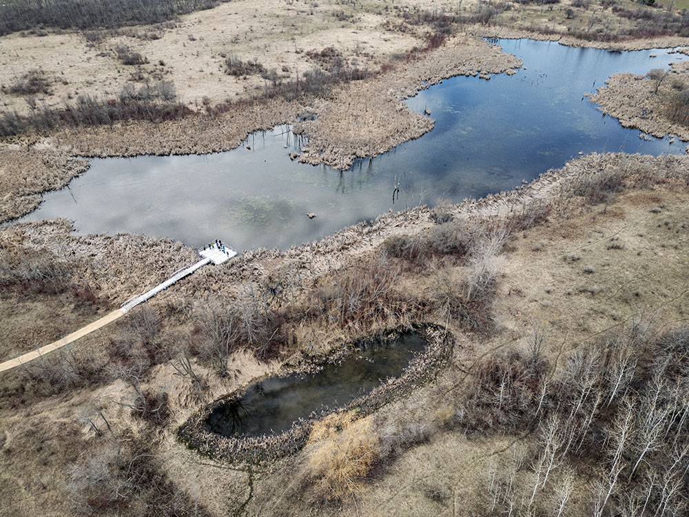 Aerial view of the Ulao Waterfowl Production Area, which is adjacent to Lion's Den Gorge.