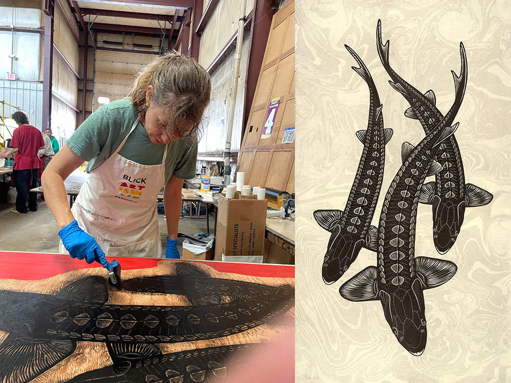 Ancient Survivors, large-scale woodcut print from Really Big Prints street roller printing event 2025