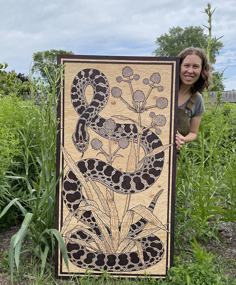 Rattlesnake Master, large-scale woodcut print from Really Big Prints street roller printing event 2021