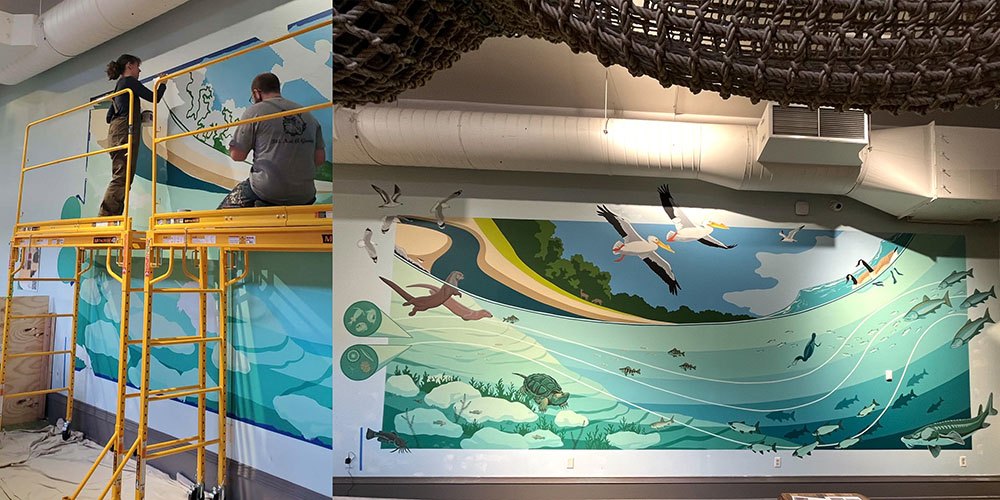 Waterways Mural, 2026; located inside Above and Beyond Children's Museum in Sheboygan, WI; Mural design by Rebecca Jabs, installation by Rebecca Jabs and David Carpenter