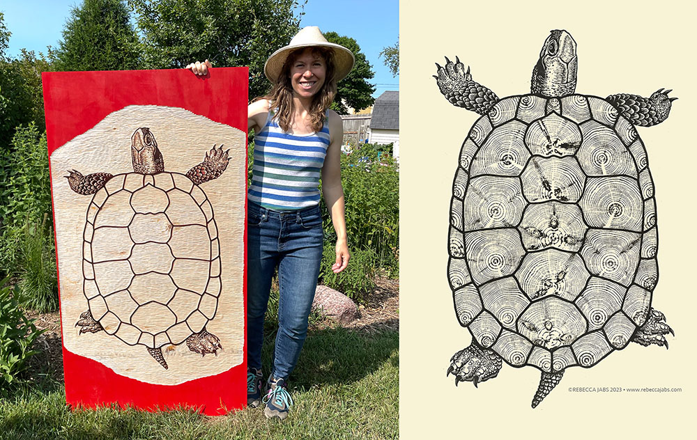 Carved woodblock and resulting image for Insculpta, a large-scale woodcut print created for the 2025 street roller festival Really Big Prints