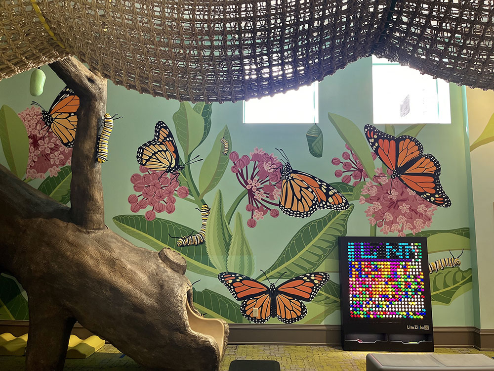 Monarch Mural, 2026, located inside Above & Beyond Children’s Museum in Sheboygan, WI. Designed by Rebecca Jabs; installation by Rebecca Jabs and David Carpenter
