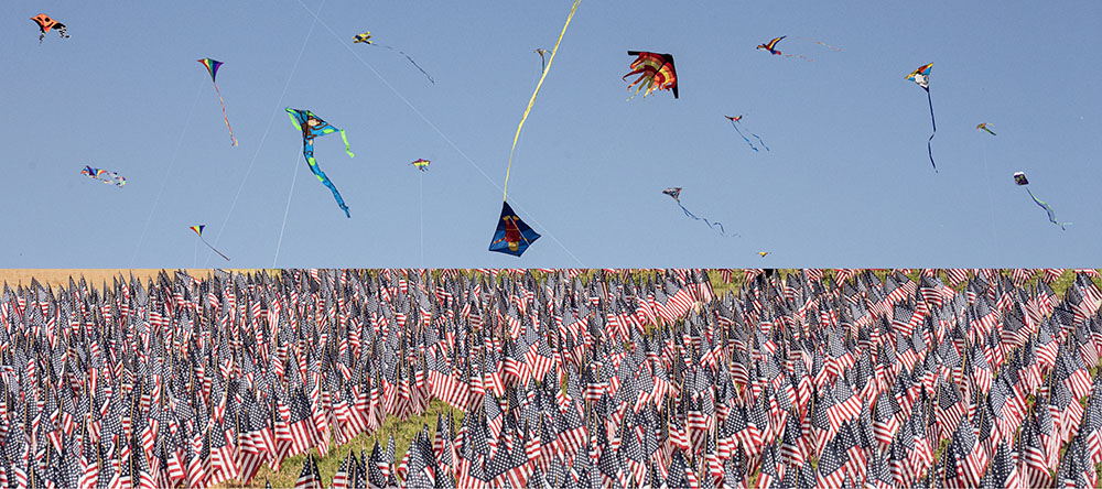 A montage of flying kites and American flags