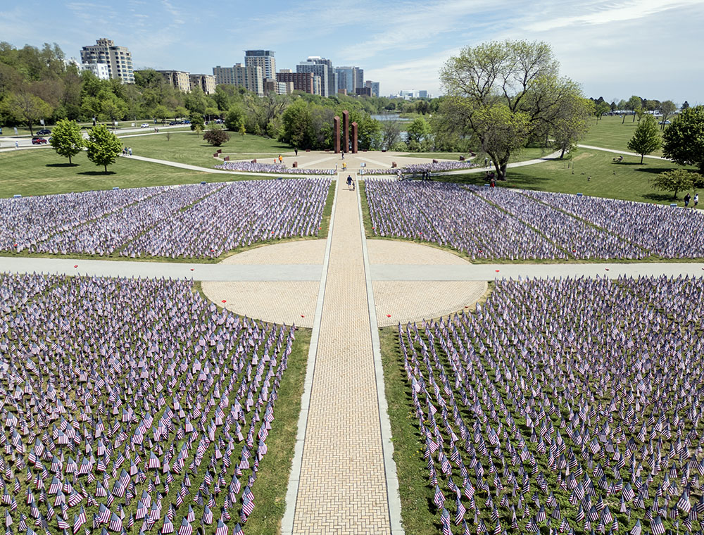 Aerial view of the Field of Flags looking towards the Vietnam Veterans Memorial.