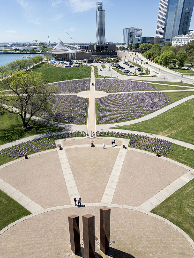 Aerial view of Field of Flags looking towards the War Memorial and skyline.