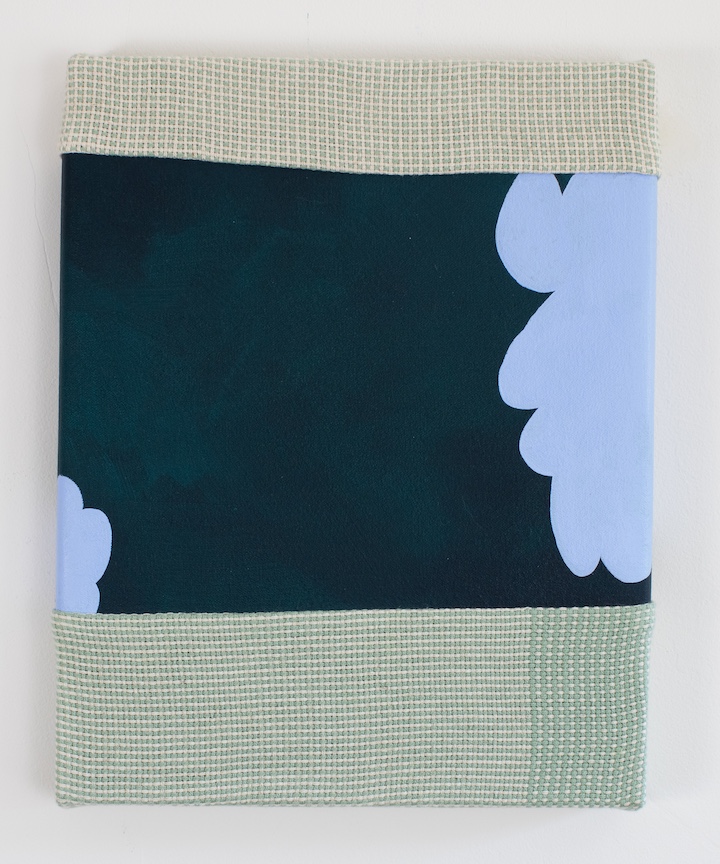 The Maybes, 2024. Acrylic on canvas and handwoven textiles, 14 x 11 in. 