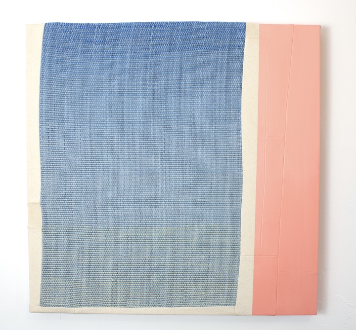 Morning Lake, 2025. Acrylic on canvas and handwoven textiles, 24 x 24 in. 
