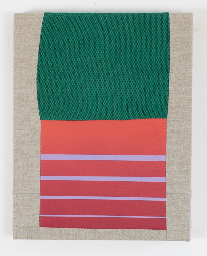 Moss, 2025. Acrylic on canvas, linen and handwoven textiles, 14 x 11 in. 