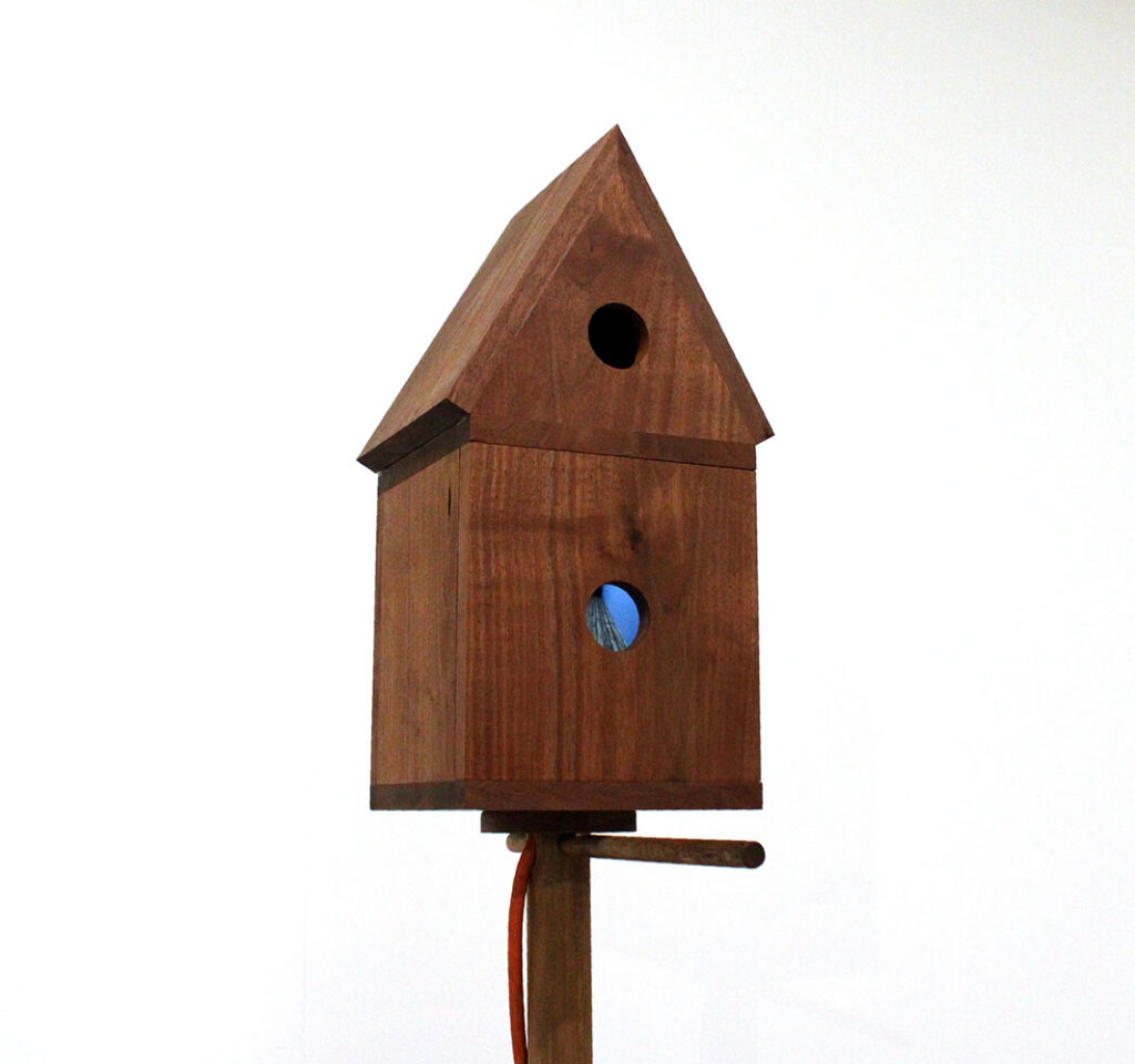 Bird Theater. Walnut, screen, raspberry pie, extension cord, wooden pole, umbrella stand, 3D-modeled video game. 2025.