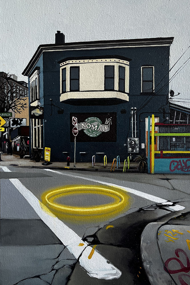I Once Saw a Guy Slip on a Banana Peel Right Here, 18x12, oil on canvas, 2024