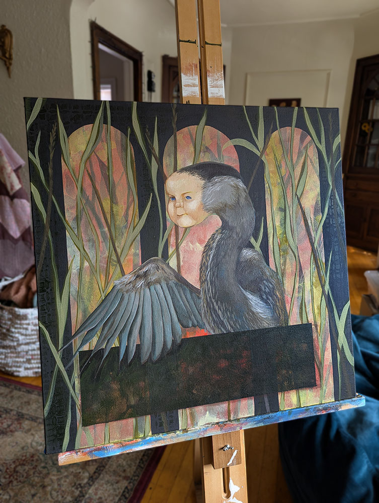 Acrylic painting in progress of the artist's step-father as a child superimposed on the body of a great blue heron against a background of marsh grasses and cattails.