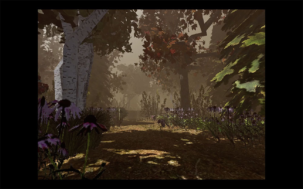 Spomniti Se. Screenshot of 3D-modeled virtual space that begins in the forests of Wisconsin and gradually leads you into the wildlife of Slovenia. 2024.