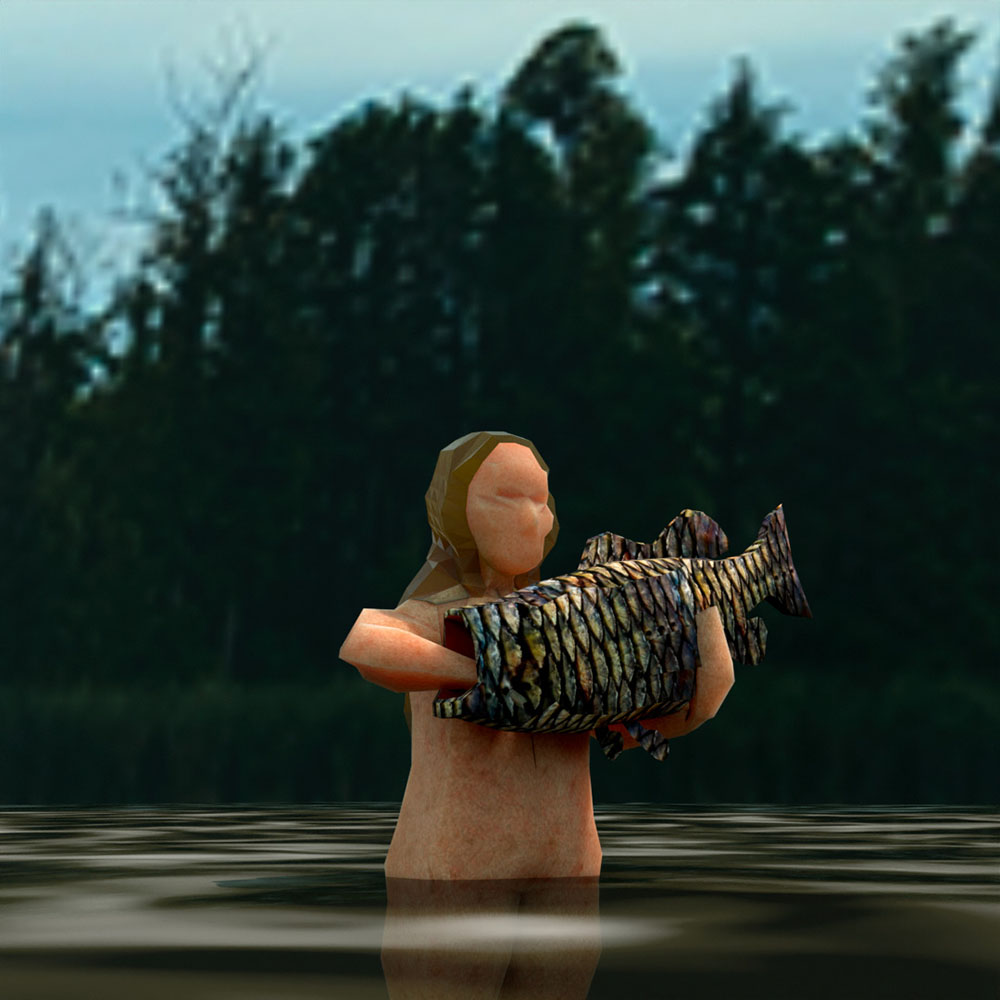 Bog Woman. 3D scene modeled in Blender, illustration in handmade storybook.