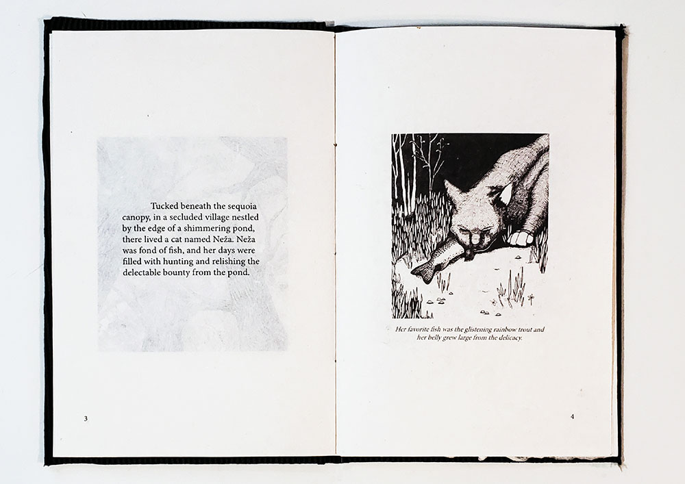 The Angel. Collaborative story with ink drawings, text and images citrisolve printed onto handmade paper in hand-bound book. 2023.