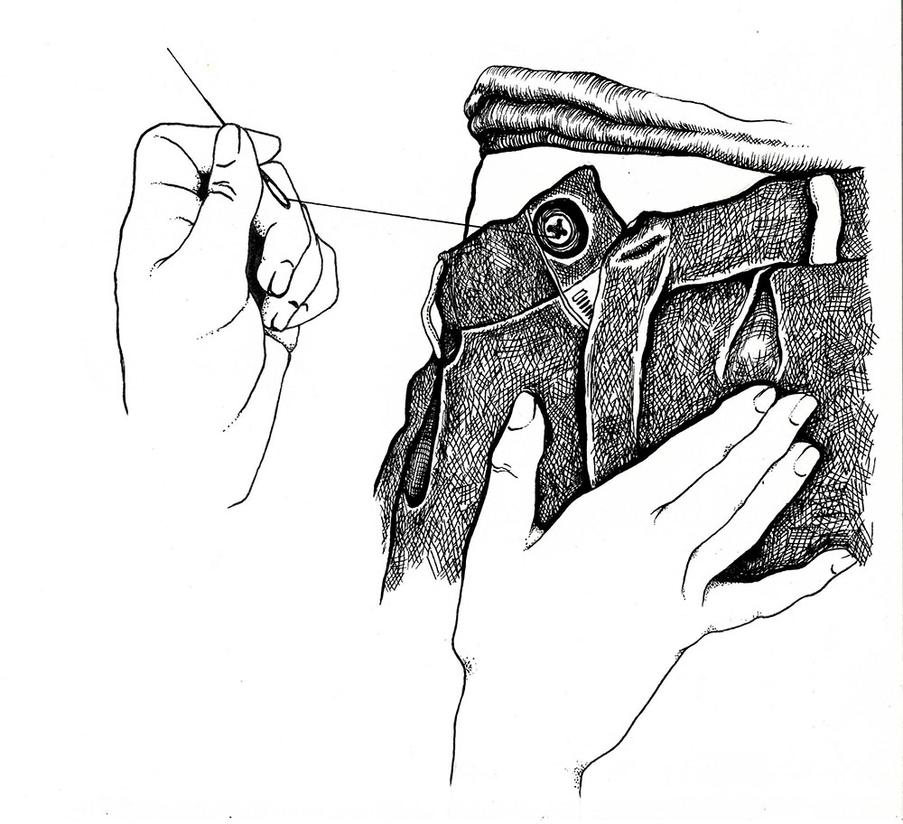 Button. Ink drawing created for illustrated poem. 2025.