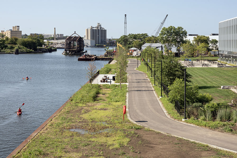 Did you know that a new section of riverwalk opened this summer? In this case, however, it is a harbor walk. Unfortunately, its two sections are not yet connected, separated by the railroad at the far end of this image. This section is easily accessible from Harbor Plaza at the end of Greenfield Avenue in Milwaukee.