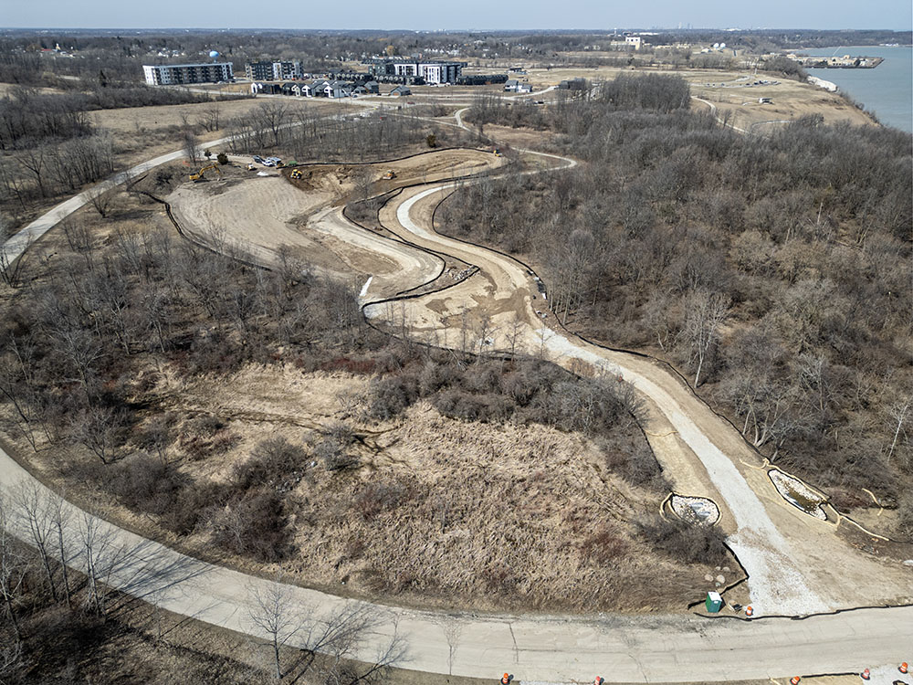 An aerial view of the north end of the new trail shows construction already well underway in March 2026.