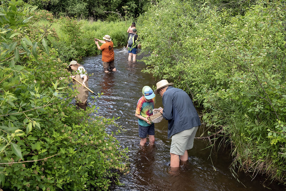 The folks in this photo are "streaming," which means they are collecting aquatic creatures. The stream is Genesee Creek and it is running through Prairie Springs Environmental Education Center in the Town of Genesee. The 75-acre center is owned by Carroll University for, you guessed it, environmental education. It was opened for our group thanks to a Field Trip sponsored by the Natural Resources Foundation of WI. 