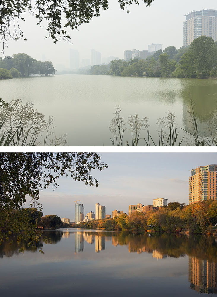 August also brought smoke from Canada. The top photo shows a smoky version of the same scene photographed previously in the bottom photo at Veterans Park in Milwaukee.