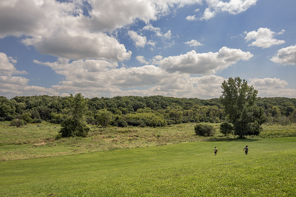 This City of New Berlin park is called Valley View Park. True to its name, this is the view of the valley from a large hill at the south entrance. Said hill is great for sledding in the winter! Much of its 75 acres is natural. However, the only trail doubles as a disc golf course, so if you go on a weekend or holiday, watch for flying discs!