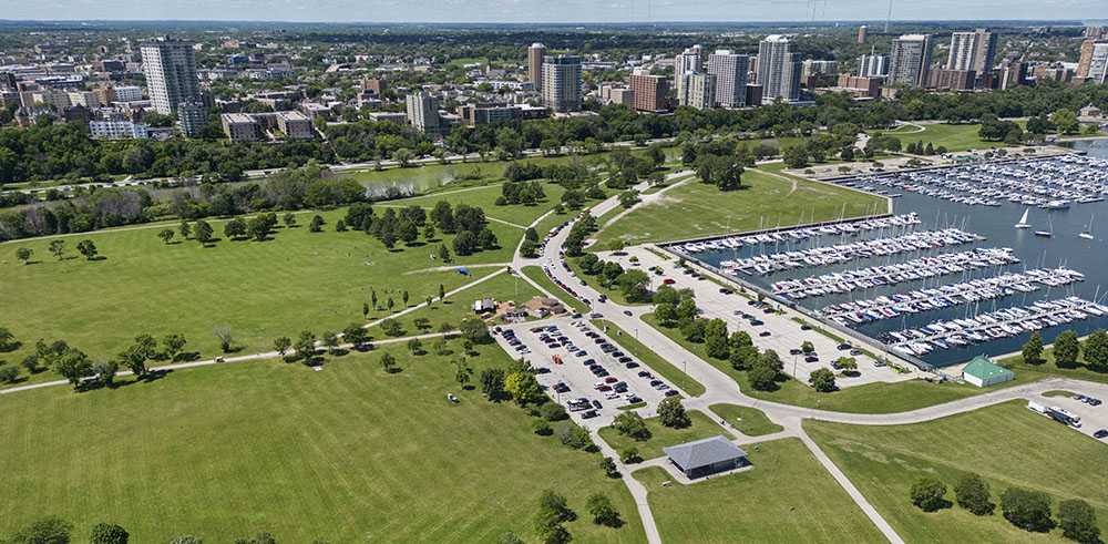 Aerial view of Veterans Park and Milwaukee's lakefront