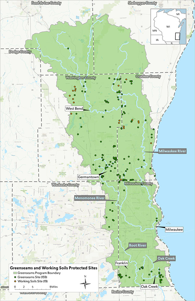 MMSD map showing the locations of the 178 Greenseams properties in the Milwaukee River Basin, Oak Creek watershed, and part of the Root River watershed in Milwaukee County.