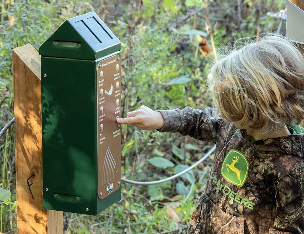 A young visitor trying out the songbird audio box.