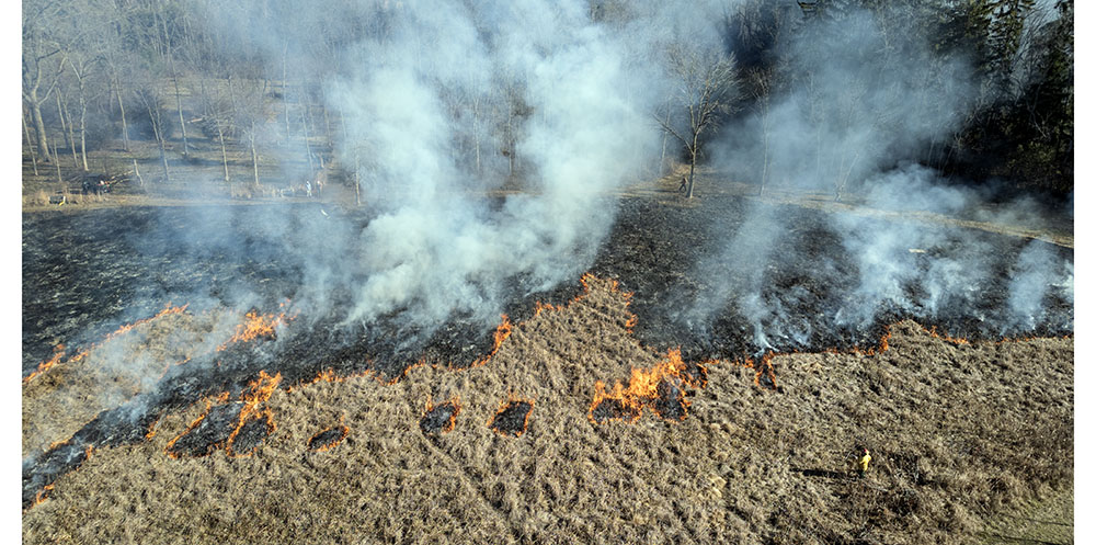 An aerial view of the controlled burn at Schlitz Audubon Nature Center