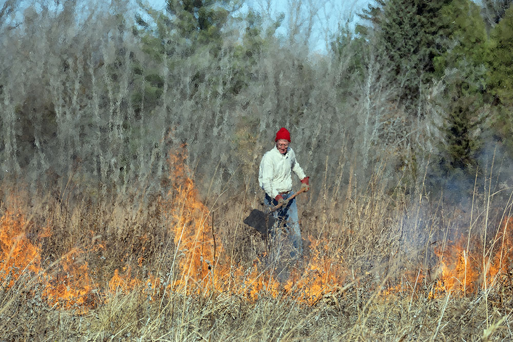 A volunteer uses a flapper to tamp down the fire along the edge of the burn break.
